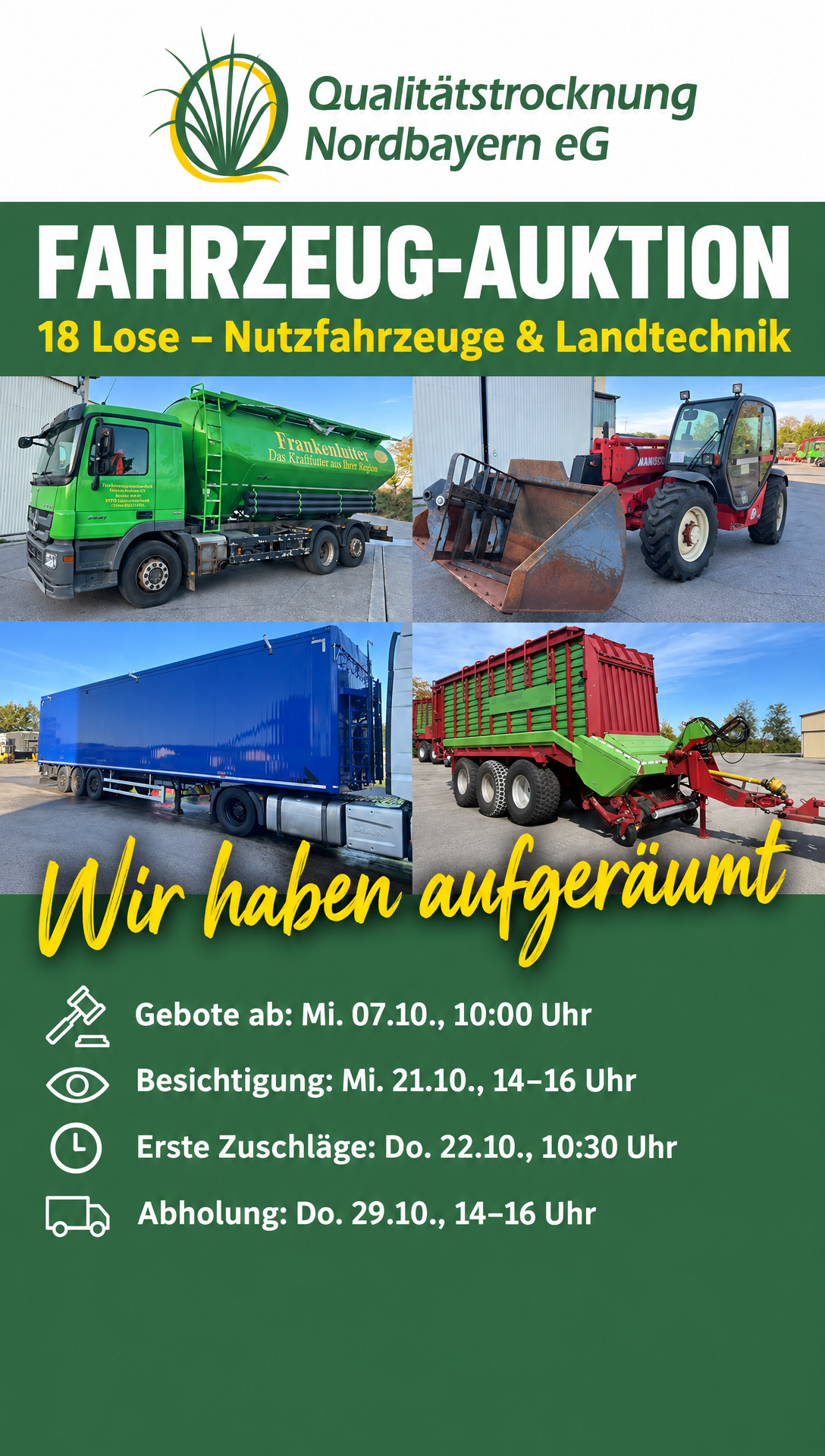 Fahrzeug-Auktion der Qualitätstrocknung Nordbayern eG: 18 Lose – Nutzfahrzeuge und Landtechnik